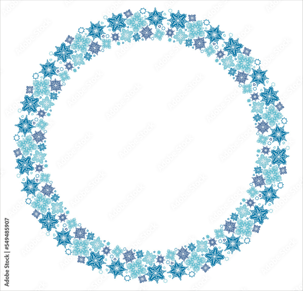 Round frame with blue snowflakes for conceptual design. Pattern background. Winter background. Frame. Invitation card design. Round frame with blue snowflakes for conceptual design. Pattern background. Winter background. Frame. Invitation card design.