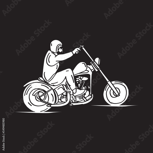 illustration of rider driving a classic chopper motorcycle made in classic handmade style