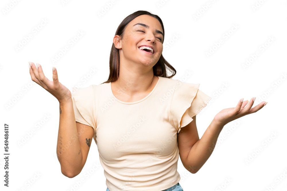 Young caucasian woman isolated on green chroma background smiling a lot Young caucasian woman isolated on green chroma background smiling a lot
