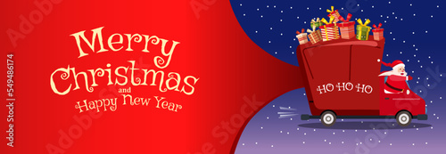 Santa Claus delivery van huge bag of Christmas gifts. Merry Christmas banner