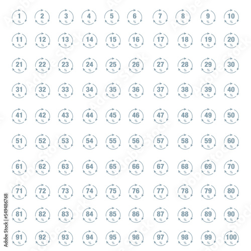 Set of percentage icons made with recycled materials. Vector 0 to 100% ecologic labels. Ecologic symbol with percentage and rounded arrows. Infinity arrows. © Florent