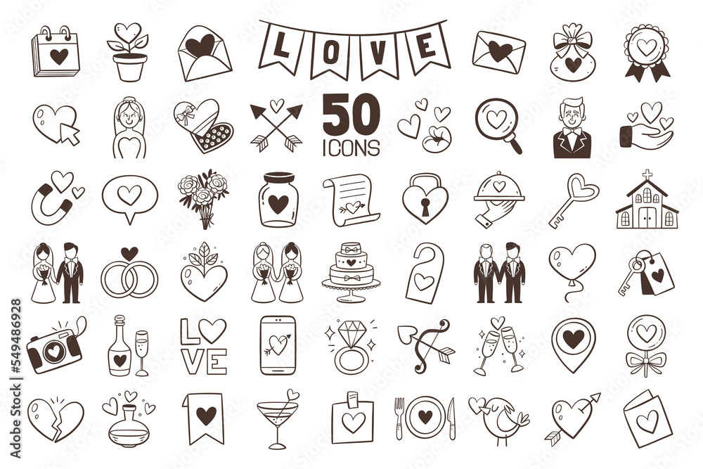 Wedding doodle icon collection. Doodle love symbols, wedding and celebration elements. Perfect for weddings and Valentine's events. 50 Hand drawn clipart isolated on white background.