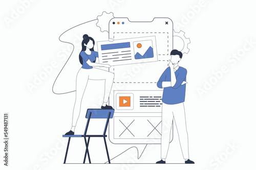 App development concept with people scene in flat outline design. Man and woman working with mobile application interface and placing buttons. Vector illustration with line character situation for web