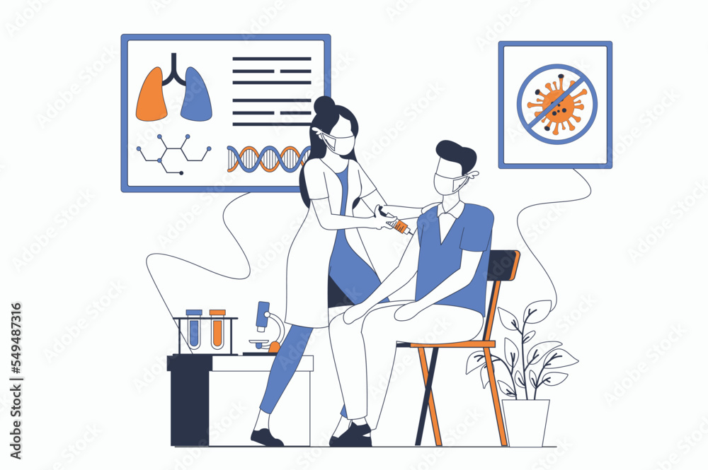 Coronavirus concept with people scene in flat outline design. Nurse injects and vaccinates patient. Protection and prevention of viruses. Vector illustration with line character situation for web