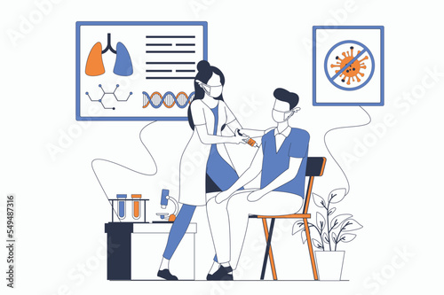 Coronavirus concept with people scene in flat outline design. Nurse injects and vaccinates patient. Protection and prevention of viruses. Vector illustration with line character situation for web © alexdndz