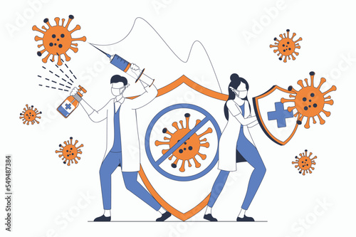 Coronavirus concept with people scene in flat outline design. Doctor with syringe and antiseptic and nurse with shield fight against viruses. Vector illustration with line character situation for web
