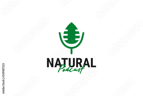Obraz na plátně Leaf and microphone icon for podcast logo design vector template illustration
