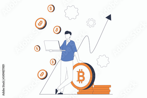 Cryptocurrency mining concept with people scene in flat outline design. Man analyzes growth chart arrow and mines bitcoins on crypto farm. Vector illustration with line character situation for web