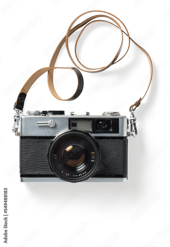 small vintage analog photo camera with black leather strip, isolated design element, perfect for collage or flatlay / top view scenes, old photographic gear