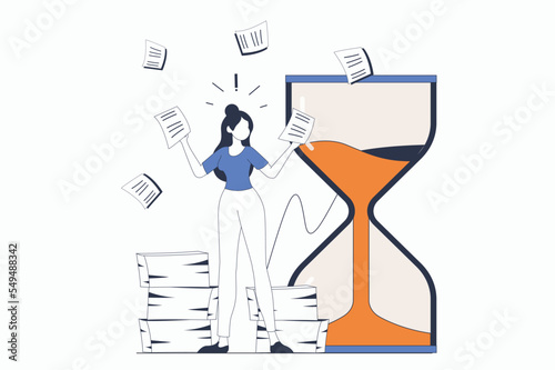 Deadline concept with people scene in flat outline design. Woman trying to complete work tasks or paperwork before time runs out in hourglass. Vector illustration with line character situation for web