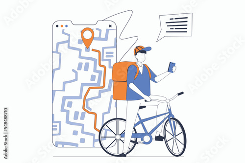Delivery service concept with people scene in flat outline design. Courier delivers food and rides bike, online order tracking in mobile app. Vector illustration with line character situation for web