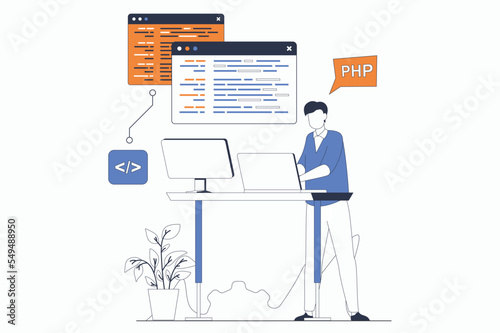 Development and programming concept with people scene in flat outline design. Man writes code and work at screens, optimizes and testing. Vector illustration with line character situation for web