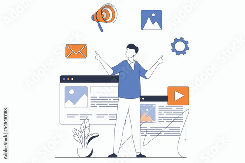 Digital marketing concept with people scene in flat outline design. Man uses different marketing tools for online promotion and advertising. Vector illustration with line character situation for web