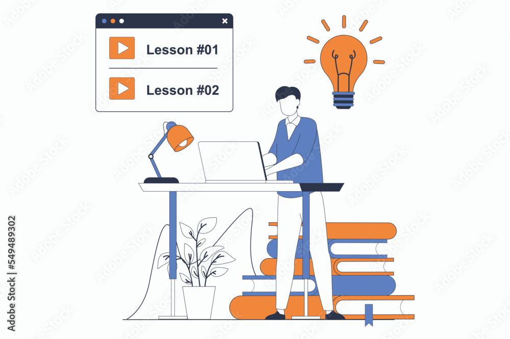Distance learning concept with people scene in flat outline design. Man studies on educational platform and opens new lessons using laptop. Vector illustration with line character situation for web