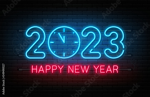 Happy New Year 2023. New Year and Christmas neon signboard with glowing text and numbers. Neon light effect for background, web banner, poster and greeting card. Vector