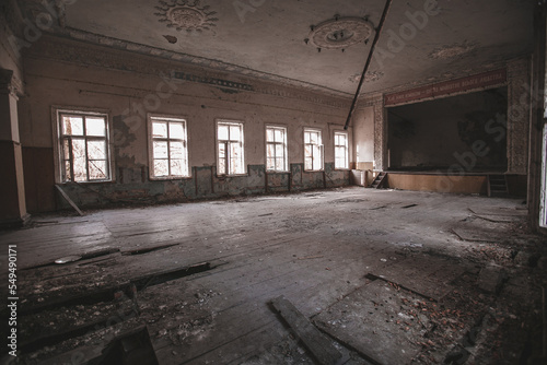 Assembly hall in an abandoned rural school near the city of Pripyat, Chernobyl region, exclusion zone, Ukraine