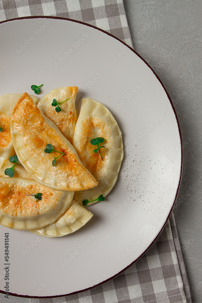 Pierogi, a traditional dish of Polish cuisine, dumplings, top view, close-up, no people,