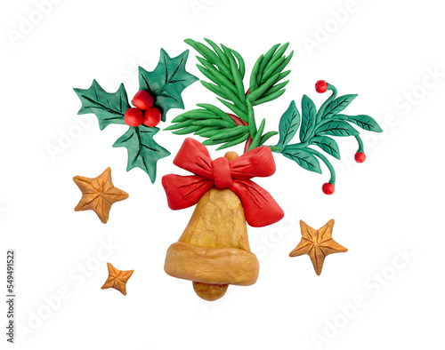 Golden bell with red bow, golden stars, spruce branch and holly. Made from plasticine.