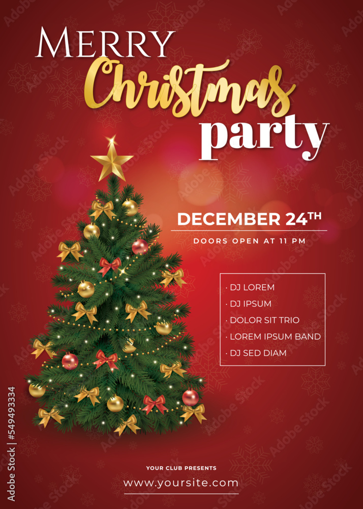 Merry Christmas Party and Party poster with Christmas tree on red background invitation theme concept. New year greeting poster and card design template.