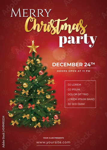 Merry Christmas Party and Party poster with Christmas tree on red background invitation theme concept. New year greeting poster and card design template.