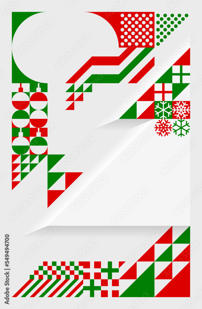 Fototapeta premium Bauhaus art style Christmas festive poster. Abstract geometric pattern in green, red, white. Template background for design. Vector illustration.