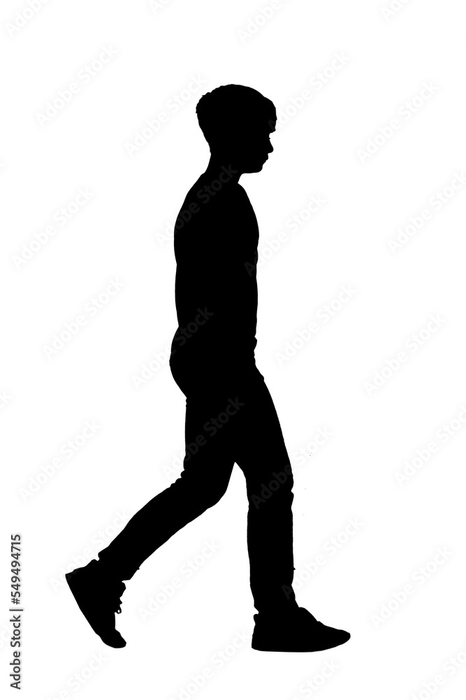silhouette of teen walking on white background