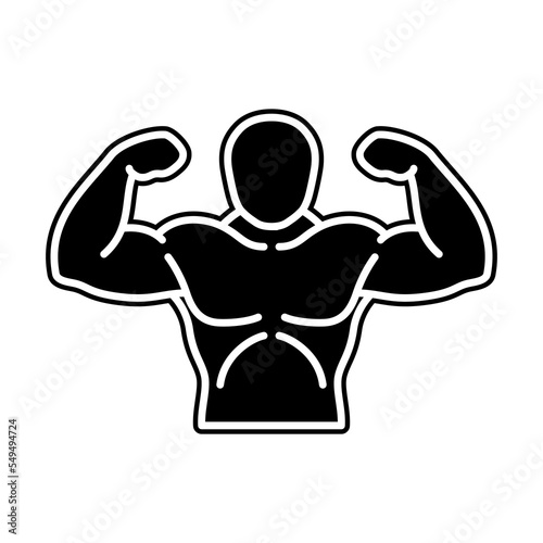 Icon, bodybuilder silhouette logo. Black line art symbols isolated on white background. Design elements for gym badge, fitness banner, sports emblem, exercise poster. Vector illustration.