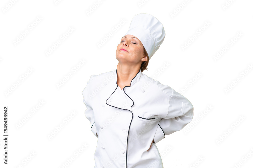 Middle-aged chef woman over isolated background suffering from backache for having made an effort Middle-aged chef woman over isolated background suffering from backache for having made an effort