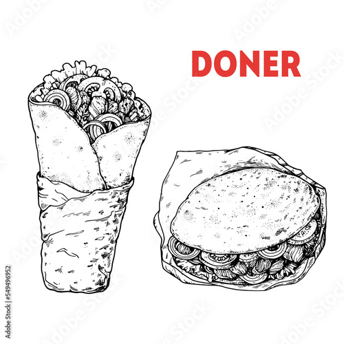 Doner kebab sketch, Turkish food. Hand drawn vector illustration. Turkish street food. Sketch style. Top view. Vintage vector illustration.