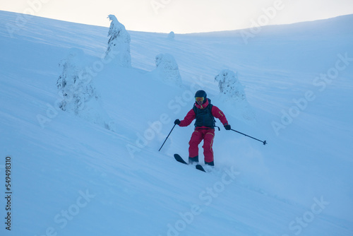 Skier curved on the freeride slope in the big mountains