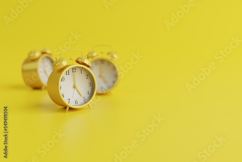 Yellow retro alarm clocks on yellow background. Concept of wake up, getting up in the morning. Watch with bells on the background. 3d render, 3d illustration