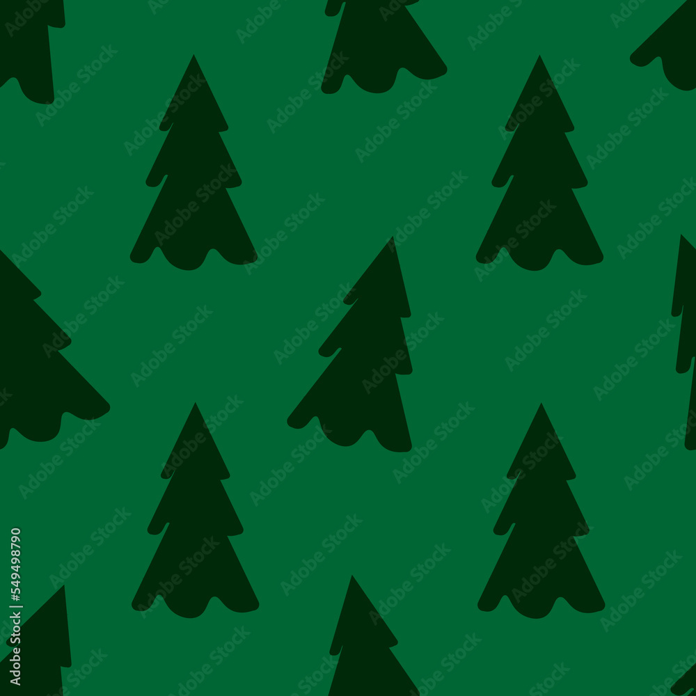 Outline eamless pattern with christmas tree on green background. Wrapping paper with pine. New year ornament. Wallpaper or fabric print.