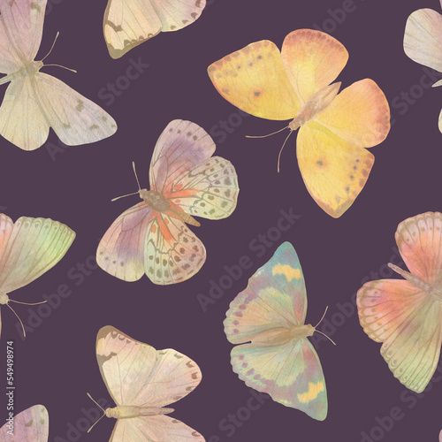 butterflies seamless pattern, watercolor illustration, abstract background for design, wallpaper, wrapping paper, textile. © Sergei