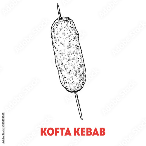 Kofta Kebab sketch, Turkish food. Hand drawn vector illustration. Turkish street food. Sketch style. Top view. Vintage vector illustration. photo