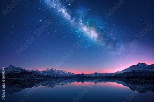 A serene winter landscape with the snow-capped mountains  Reflection on the Lake and the glittering night sky with the Milky Way Galaxy   Generative Ai Art