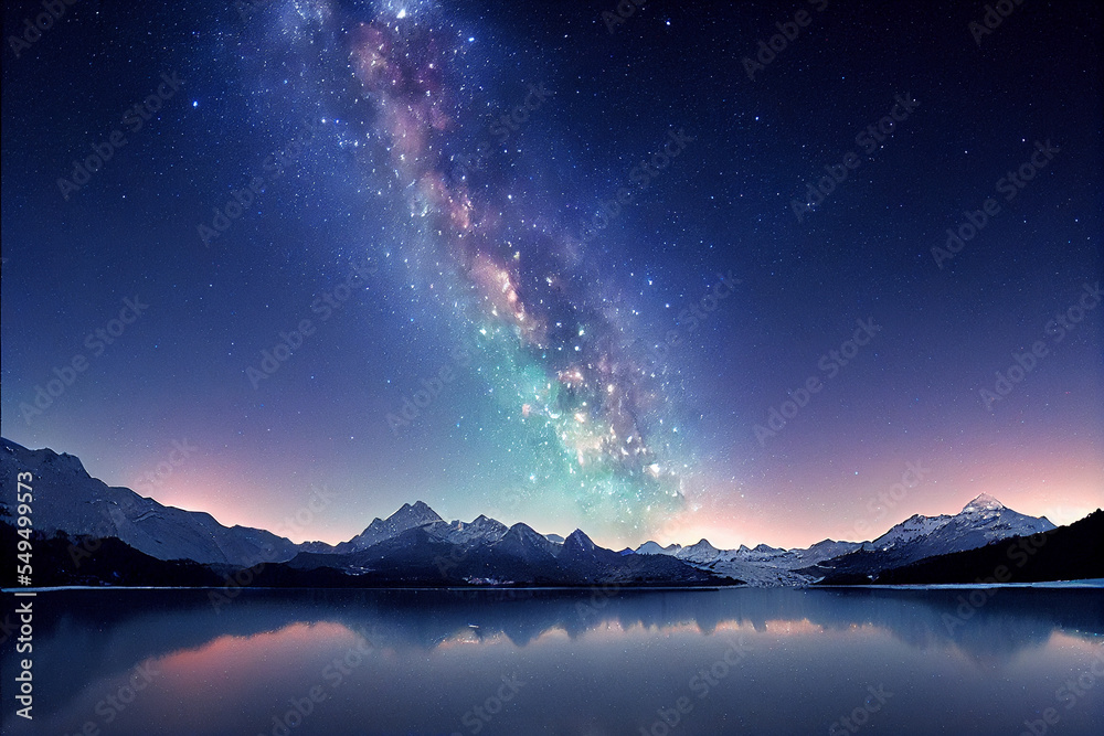 A serene winter landscape with the snow-capped mountains, Reflection on the Lake and the glittering night sky with the Milky Way Galaxy | Generative Ai Art