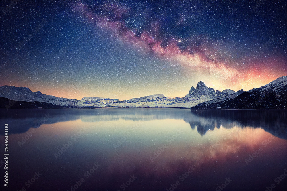 The majesty of nature on display in the snow-capped mountains in winter and The beauty of the starry night sky is reflected in the still waters of the lake | Generative Ai