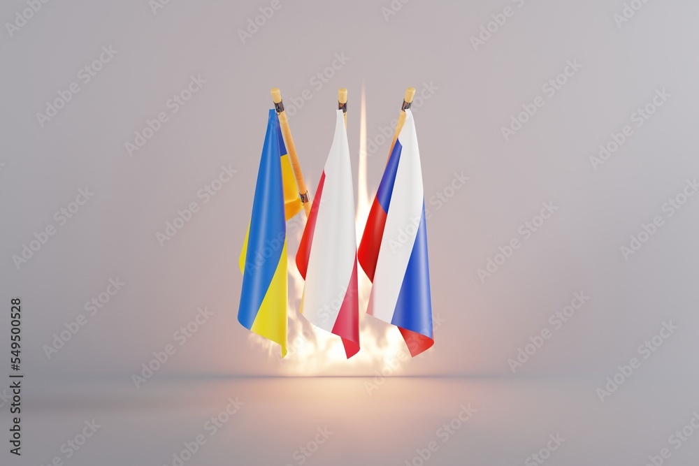 The flag of Russia, Ukraine and Poland. The concept of diplomacy and international relations between Poland, Ukraine and Russia. Conflict and Russian war with Ukraine. 3D render, 3D illustration. The flag of Russia, Ukraine and Poland. The concept of diplomacy and international relations between Poland, Ukraine and Russia. Conflict and Russian war with Ukraine. 3D render, 3D illustration.