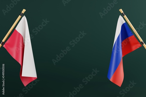 The flag of Russia and Poland. The concept of diplomacy and international relations between Poland and Russia. Conflict and the Russian war with Ukraine. 3D render, 3D illustration. photo