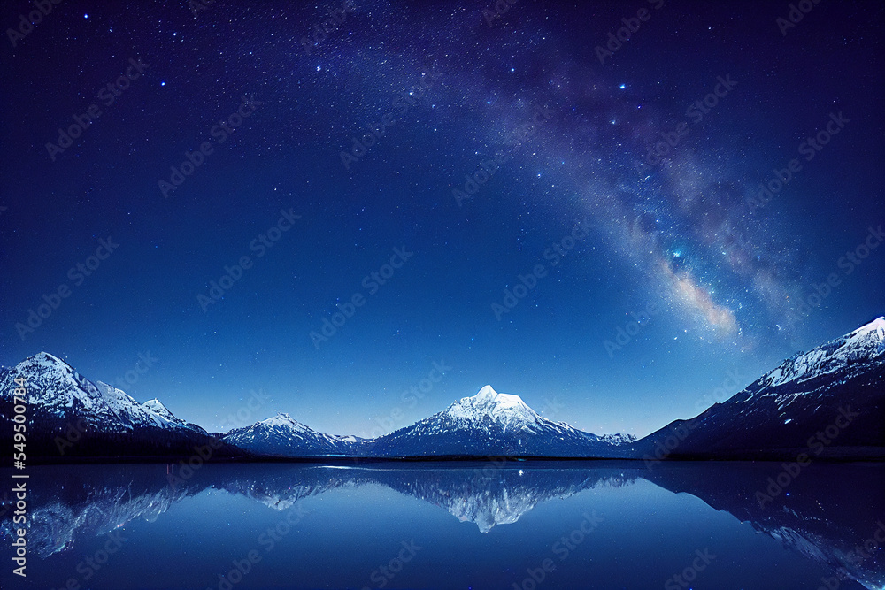 Beautiful Reflection of a Snow Capped Mountain and Starry Night Sky and sparkling Galaxy on a crystal Clear Lake | Generative Ai art