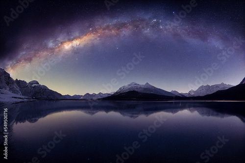 Lake Between Snow Capped Mountains, Milky way Galaxy in a Crescent Pattern at Night Sky, Winter Lake with Mountain Reflection | Generative Art