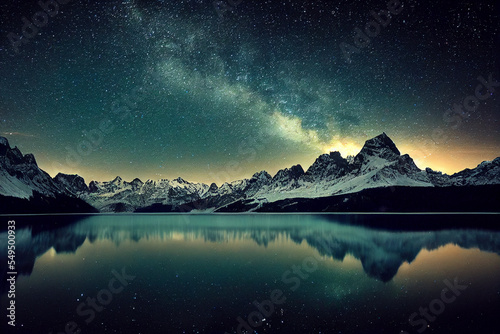 Beautiful Reflection of a Snow Capped Mountain and Starry Night Sky and sparkling Galaxy on a crystal Clear Lake, Beautiful Greenish Tint | Generative Ai art