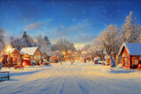 Digital Painting Illustration of a Winter Village, Small Village covered in Snow, Beautiful Lights at Night | Generative Ai Art