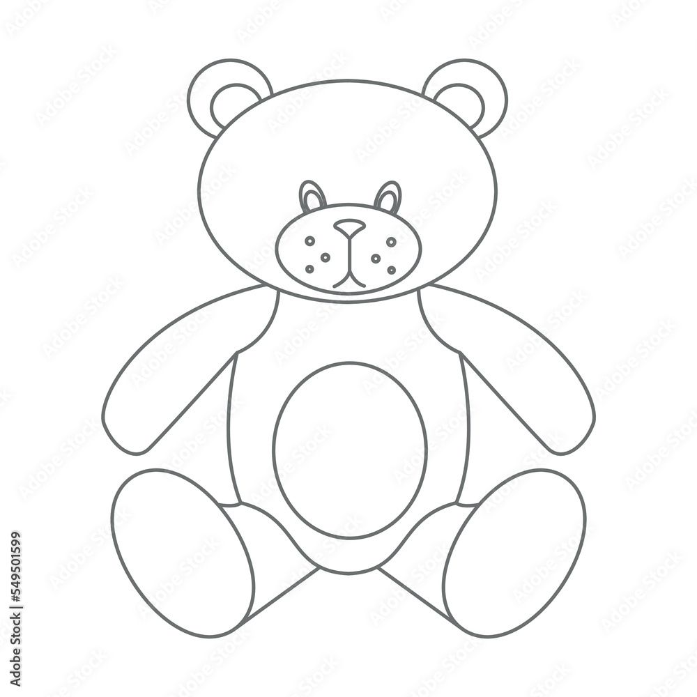 Obraz premium Teddy Bear. Vector illustration of cute little kid Toy in outline style. Drawing in outline style on isolated background in white and black colors. Sketch of object for baby game. Contour engraving.