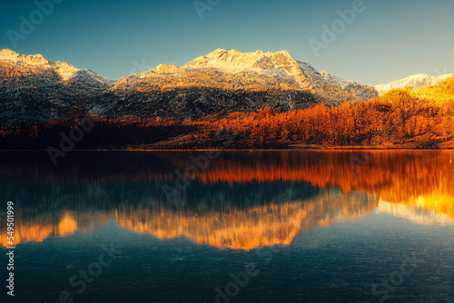 Mountain Reflection on an Empty Lake, Sunlight Shining on Golden Hours   Generative Art © PixenSation