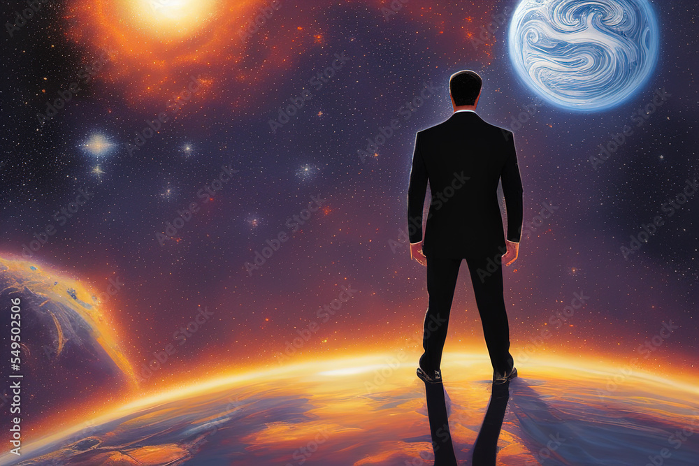 A businessman in a suit stands in space looking at the stars and planets, illustration A businessman in a suit stands in space looking at the stars and planets, illustration