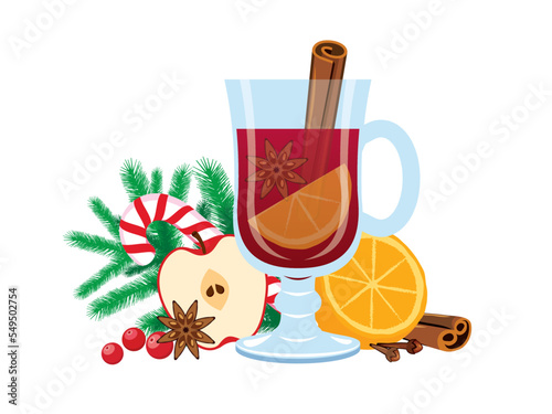 Hot red mulled wine christmas still life vector. Glass christmas mulled wine icon vector isolated on a white background. Punch holiday party drink still life drawing