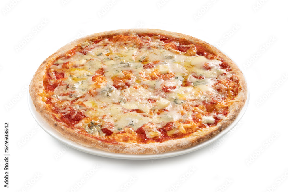 Pizza Margherita - Four Cheese Pizza – Authentic Italian Food, Plate, Close Up, Isolated on White Background -  Cheddar, Parmigiano, Mozzarella, Blue Cheese 