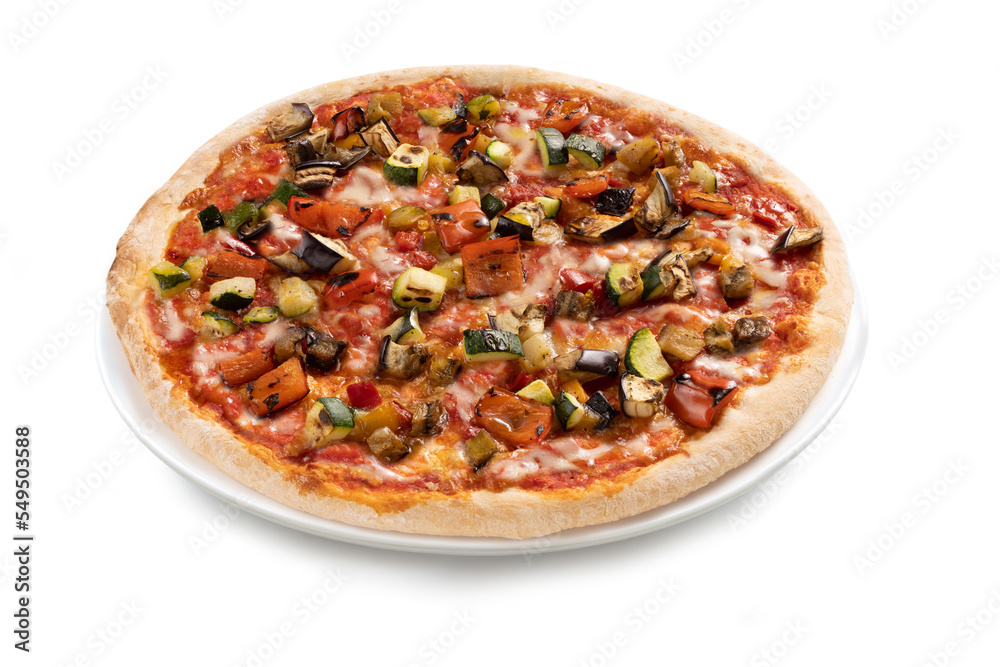 Pizza Margherita with Grilled colorful vegetable: bell pepper, zucchini, eggplant on a plate. Authentic Italia food, dish isolated on white background Pizza Margherita with Grilled colorful vegetable: bell pepper, zucchini, eggplant on a plate. Authentic Italia food, dish isolated on white background