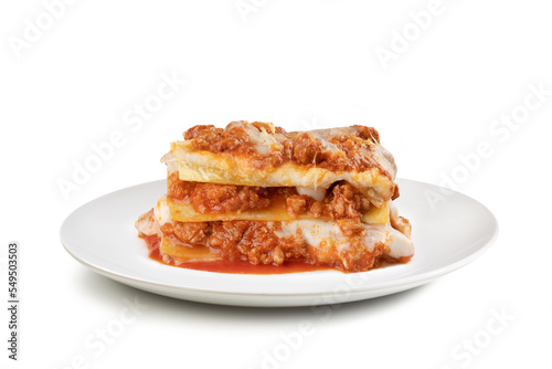 Italian Pasta Dish – "Lasagna" with bolognese sauce, Traditional homemade, isolated on white background 